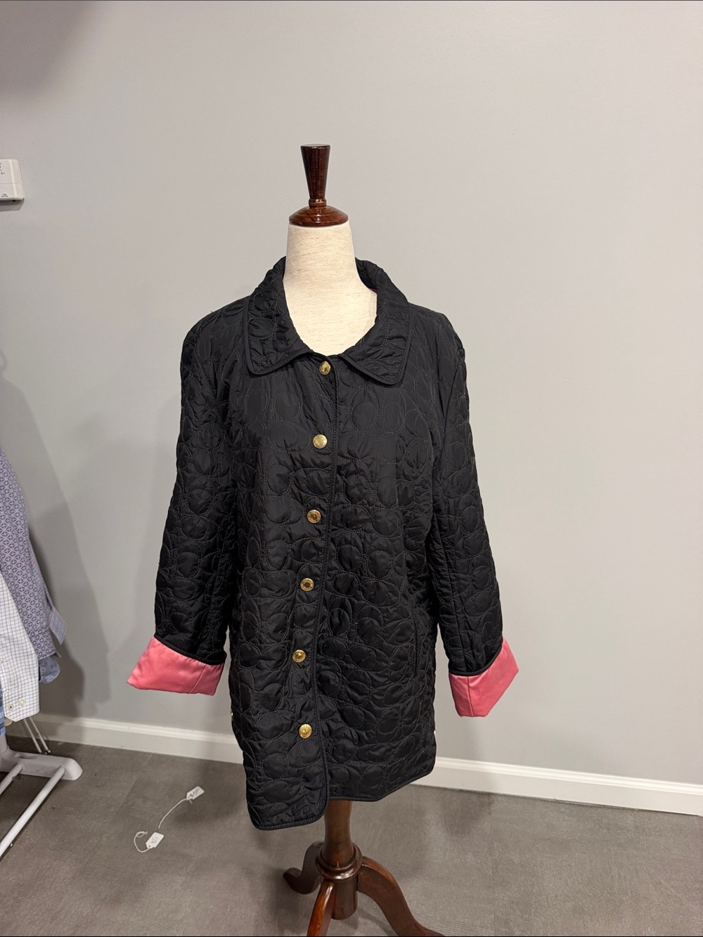 Coach Black Quilted Puffer Coat with Pink Turn-Back Cuffs Large